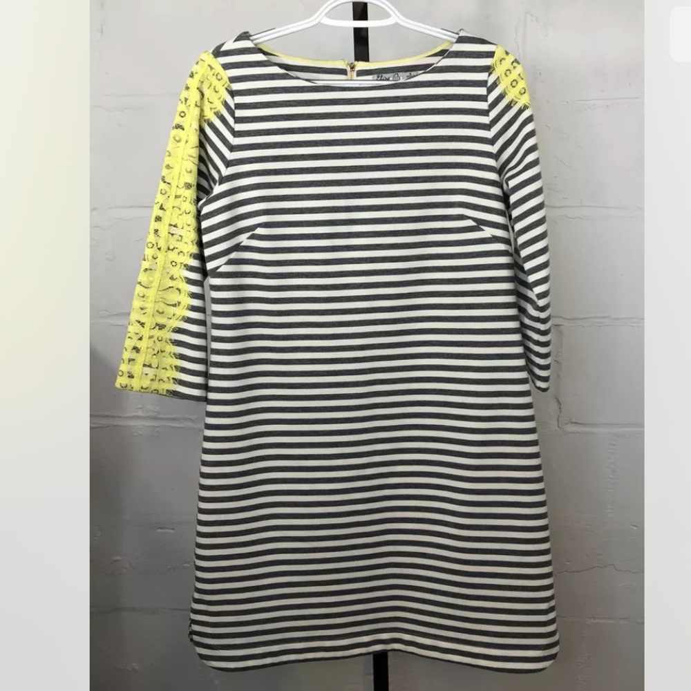 Eliza J Striped Shift Dress Yellow Lace Black Whit